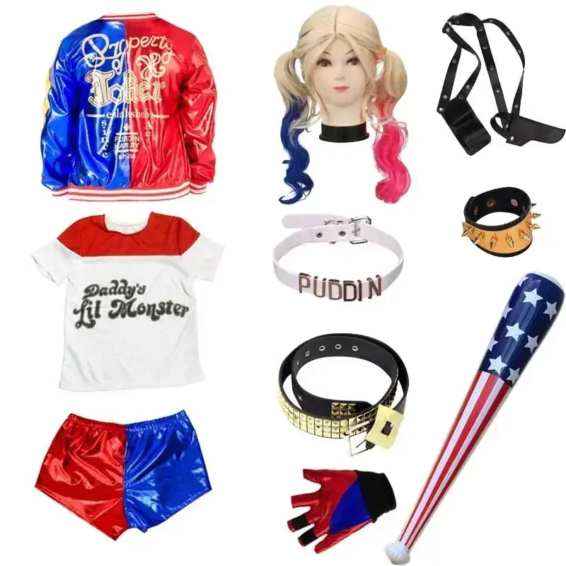 Costumes de Cosplay de Suicide Harley Squad Monster, chemise, veste, pantalon, Bracelet, ceinture, collier, gants, Costume d'halloween