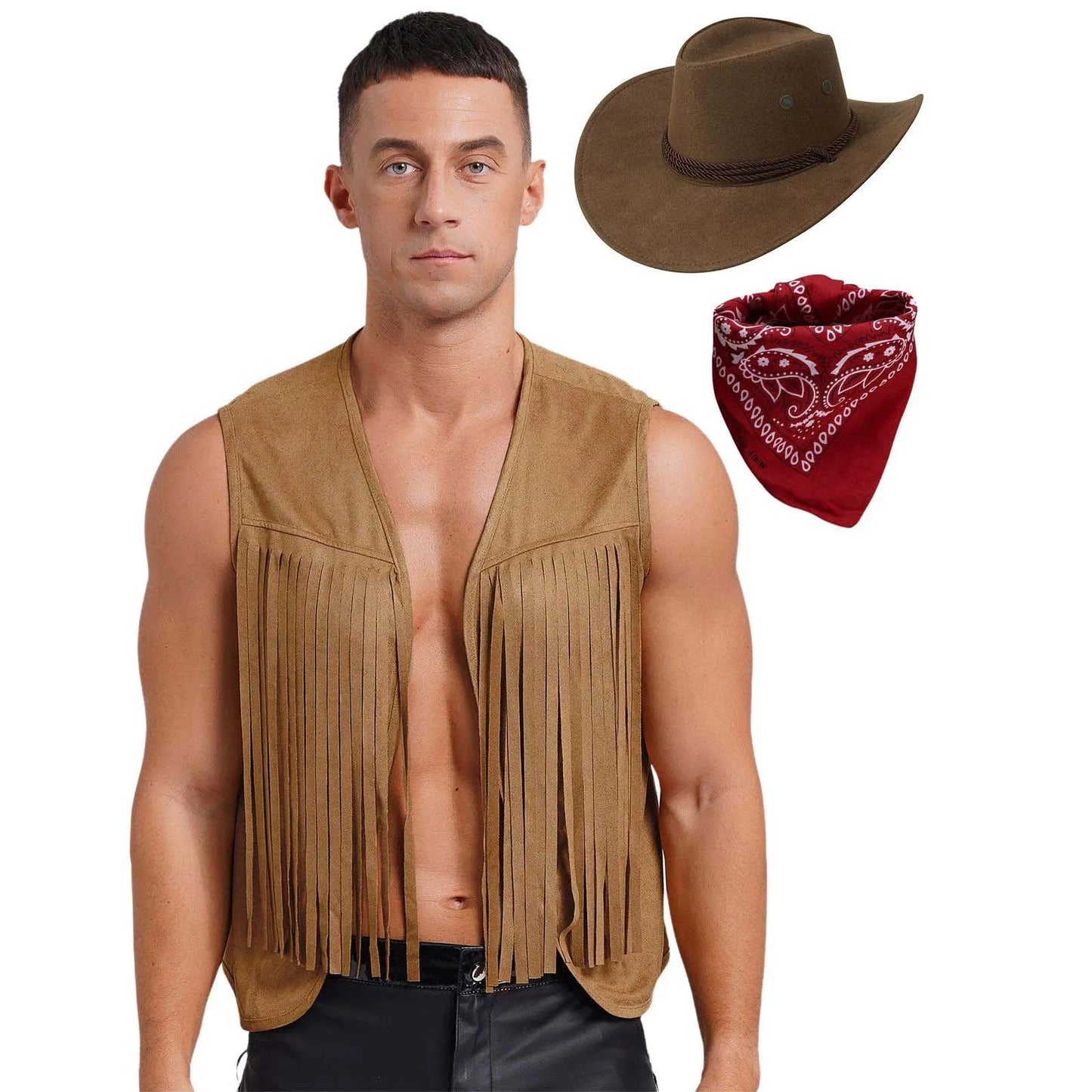 Heupvest Suède jas met franjes Mouwloos vest met kwastjes Klinknagels Voor open Cowboykostuum Carnaval Halloween Heren Vintage