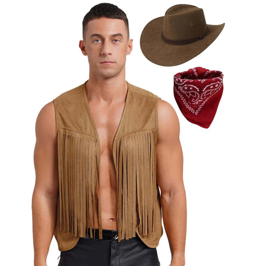 Heupvest Suède jas met franjes Mouwloos vest met kwastjes Klinknagels Voor open Cowboykostuum Carnaval Halloween Heren Vintage