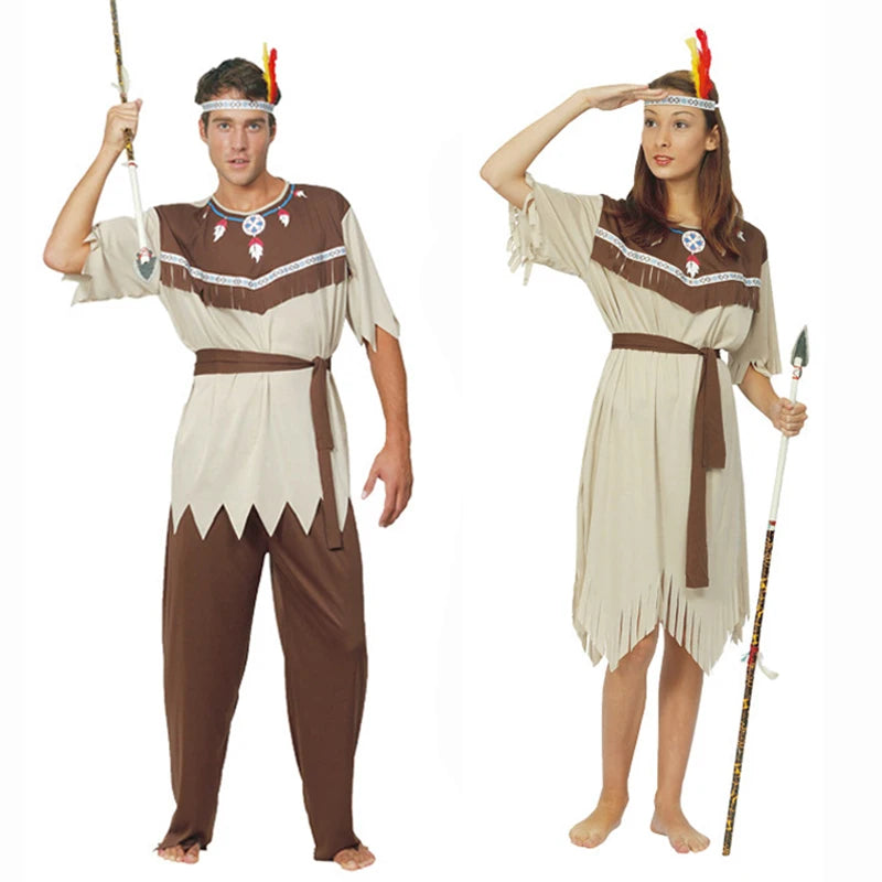 Primitieve man holbewoner Indiaans Indiaas kostuum voor mannen vrouwen paar Halloween Purim Thanksgiving Day Fantasia Umorden