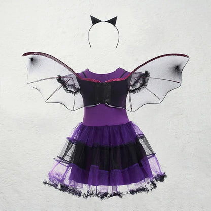 Meisjes Paarse Vleermuis Jurk Kinderen Fancy Cosplay Vampier Demon Kostuum Met Vleugel Hoofddeksels Halloween Carnivat Heks Rollenspel Kleding