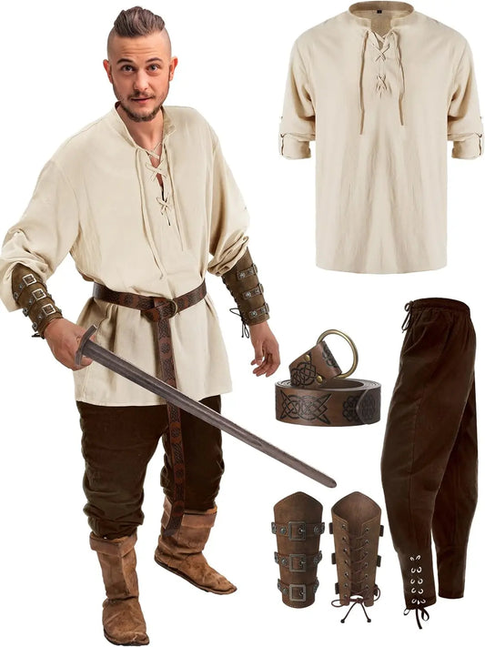 Jiuguva – ensemble de costumes d'halloween pour hommes, chemise de Pirate médiévale, pantalon à bandes à la cheville, accessoires de ceinture Viking, 4 pièces