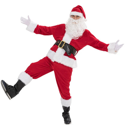 Kerstman Kostuum Kerst Complete Dress-Up Outfit Voor Volwassen Kerstman Pak Met Hoed Mannen Cosplay Kostuums 7 Stuks