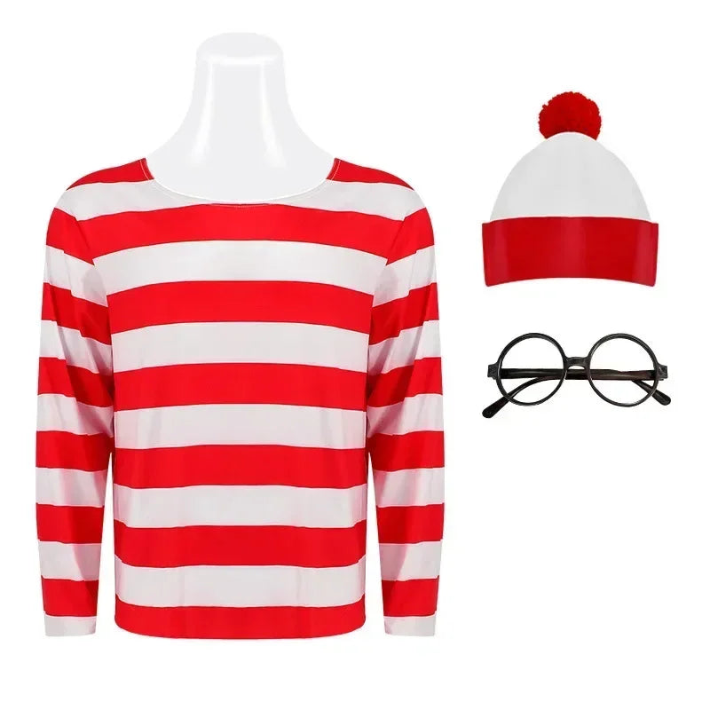 Wheres Waldo chemise rayée jeunes garçons Wally Costume chemise lunettes et chapeau chaussettes unisexe adultes carnaval Cosplay Costume