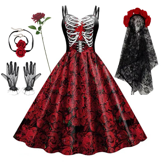 Halloween Cosplay noir foncé Rose crâne robe femmes Costume sans manches Vintage robes de soirée crâne sorcière effrayant filles vêtements