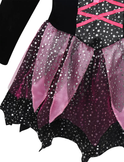 Ensemble de vêtements de sorcière 4 pièces, robe + chapeau + baguette + sac, Costume de magicien d'halloween pour filles, maquillage pour enfants, vêtements de fête Hag Witch, 2024