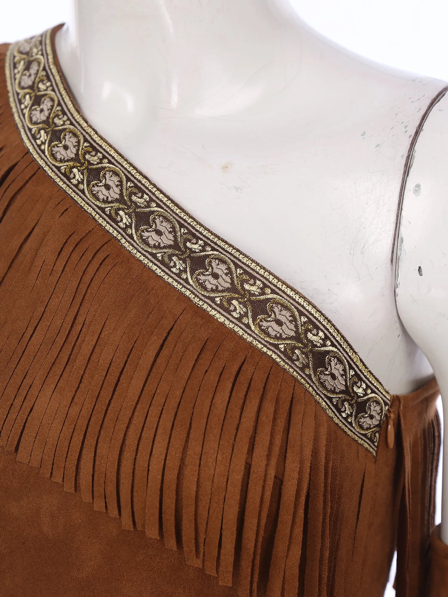 Indiase inheemse kostuums voor dames Savage Halloween Cosplay Aboriginal Outfit Hunter Mouwloze franjejurk met één schouder