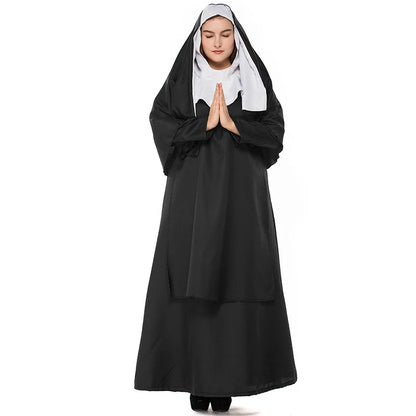Nun Sister Habit Kostuum Halloween Vrouwen Christelijke Missionaris Katholiek Cosplay Carnaval Fantasia Fancy Dress Balck Lange Jurk