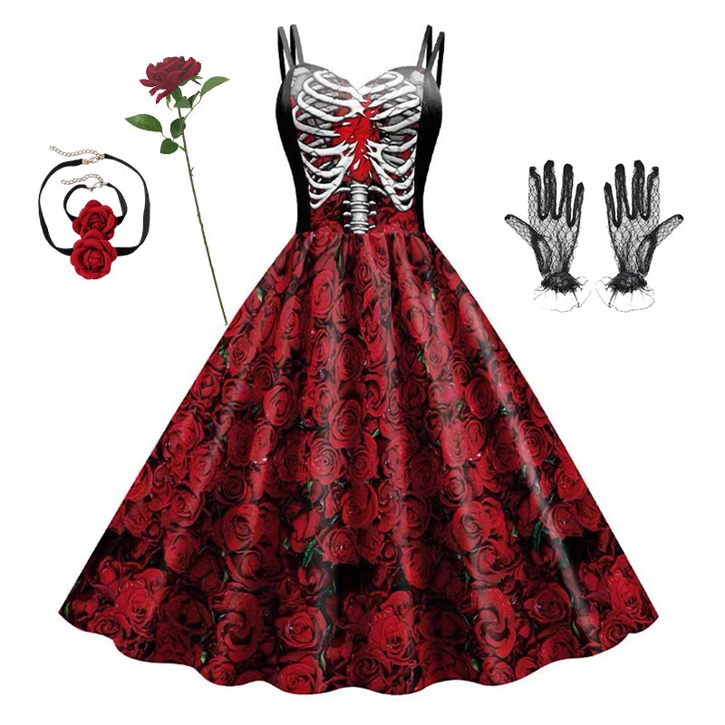 Halloween Cosplay noir foncé Rose crâne robe femmes Costume sans manches Vintage robes de soirée crâne sorcière effrayant filles vêtements