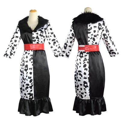 Filles femmes Cruella Cosplay adulte Cruella De Vil robe masque collier dalmatien Costume Deville robe Halloween Costume