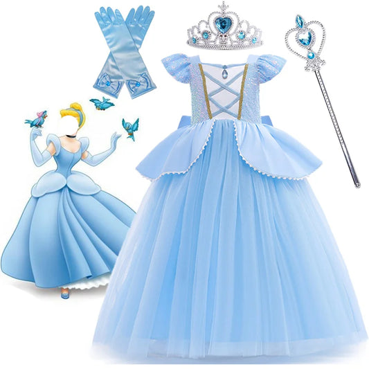 Assepoester Cosplay Kostuum Kinderkleding voor Meisjes Pailletten Prinses Jurk met Kroon Handschoenen Verjaardagsfeestje Baljurk 3-10 Jaar