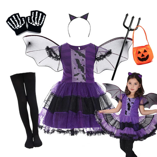 Meisjes Paarse Vleermuis Jurk Kinderen Fancy Cosplay Vampier Demon Kostuum Met Vleugel Hoofddeksels Halloween Carnivat Heks Rollenspel Kleding