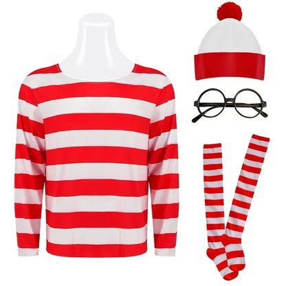 Wheres Waldo Striped Shirt Youth  Boys Wally Costume Shirt Glasses and Hat Socks Unisex Adults Carnival Cosplay Costume