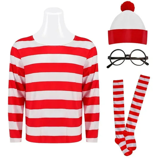 Wheres Waldo Striped Shirt Youth  Boys Wally Costume Shirt Glasses and Hat Socks Unisex Adults Carnival Cosplay Costume