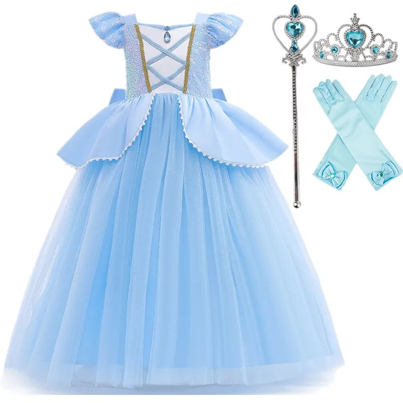 Assepoester Cosplay Kostuum Kinderkleding voor Meisjes Pailletten Prinses Jurk met Kroon Handschoenen Verjaardagsfeestje Baljurk 3-10 Jaar