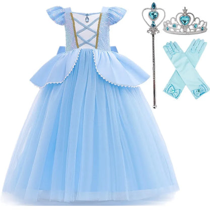 Assepoester Cosplay Kostuum Kinderkleding voor Meisjes Pailletten Prinses Jurk met Kroon Handschoenen Verjaardagsfeestje Baljurk 3-10 Jaar