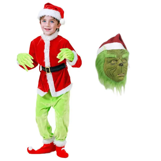 Enfants noël père noël drôle Cosplay Grinches Costume veste pantalon chapeau Costume masque enfants fête Halloween Costume