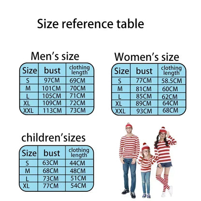 Wheres Waldo Striped Shirt Youth  Boys Wally Costume Shirt Glasses and Hat Socks Unisex Adults Carnival Cosplay Costume