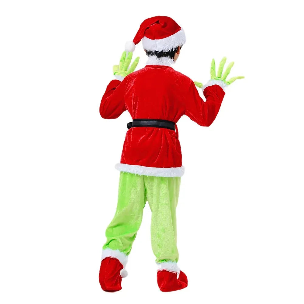 Enfants noël père noël drôle Cosplay Grinches Costume veste pantalon chapeau Costume masque enfants fête Halloween Costume