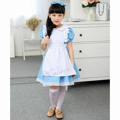 Halloween Baby Girls Kids Anime Alice Adventures Blue Fancy Party Dress Alice Dream Child Lolita Sissy Maid Cosplay Costume