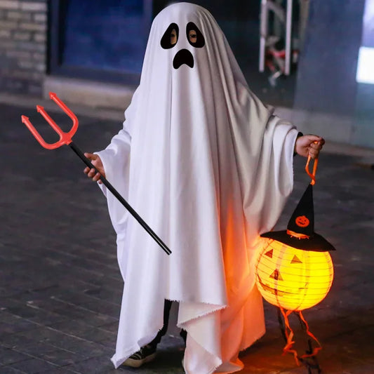 Schattige kinderen Halloween horror mantel Cape Anime geen gezicht cosplay kostuums Ghost witte kwastjes mantel Unisex Halloween kostuum volledige set