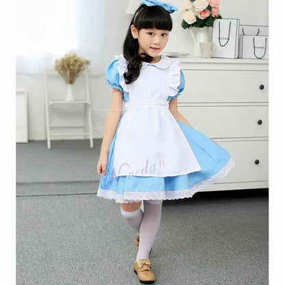 Halloween Baby Girls Kids Anime Alice Adventures Blue Fancy Party Dress Alice Dream Child Lolita Sissy Maid Cosplay Costume