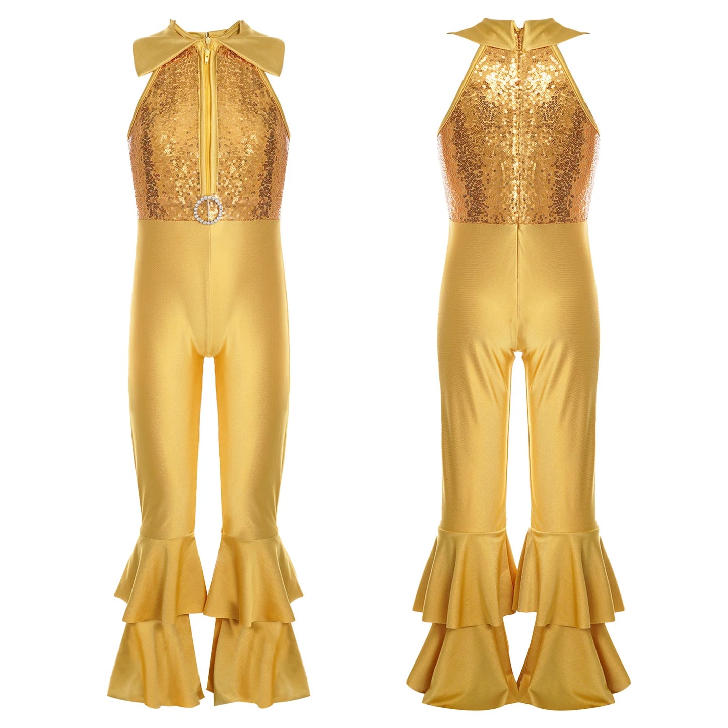 Kids Girls Sequins Hippie Costume New Tank Unitard Bell-bottom Long Pants Bodysuit Jumpsuit for Disco Dance 60s 70s Clothes