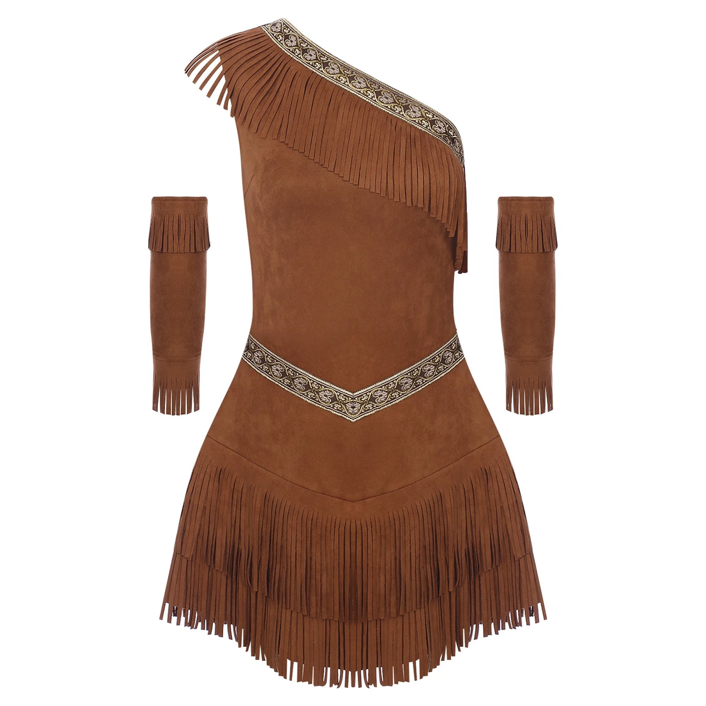 Indiase inheemse kostuums voor dames Savage Halloween Cosplay Aboriginal Outfit Hunter Mouwloze franjejurk met één schouder