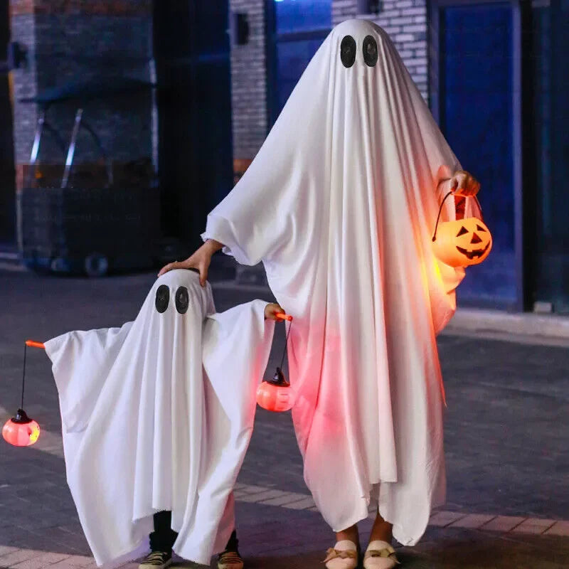 Schattige kinderen Halloween horror mantel Cape Anime geen gezicht cosplay kostuums Ghost witte kwastjes mantel Unisex Halloween kostuum volledige set