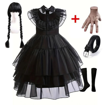 Robe de bal noire pour filles, Costume de Style gothique, robe de bal pour enfants, Halloween Cosplay, famille Adams, 2024