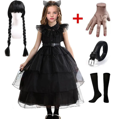 Robe de bal noire pour filles, Costume de Style gothique, robe de bal pour enfants, Halloween Cosplay, famille Adams, 2024