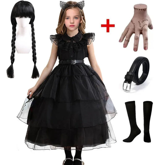 Robe de bal noire pour filles, Costume de Style gothique, robe de bal pour enfants, Halloween Cosplay, famille Adams, 2024