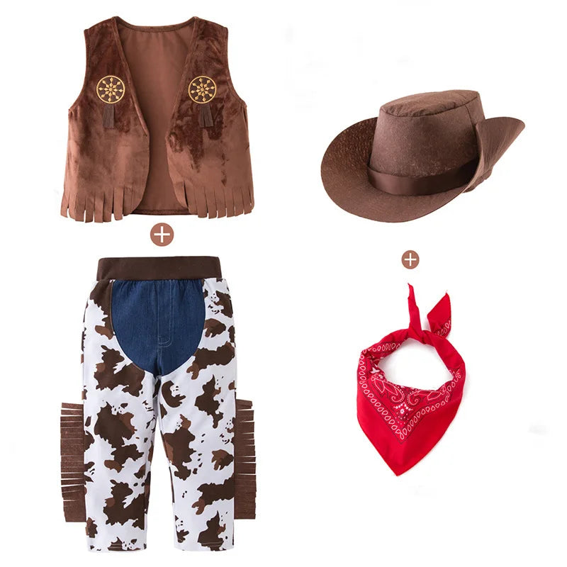 4 STKS Cowboy Dress Up Outfits Past Baby Jongens Kleding Vest + Sjaal + Broek + Hoeden Voor Peuter Purim Halloween Carnaval Verjaardag kostuum