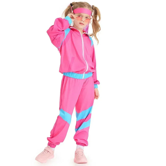 Jongens en meisjes jaren '80 trainingspak hiphop kostuum top broek sets outfit retro discodans sportkleding blauw roze honkbaluniform