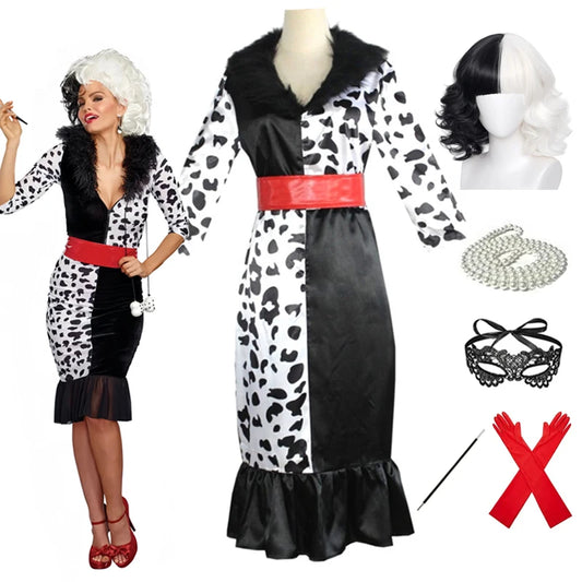 Filles femmes Cruella Cosplay adulte Cruella De Vil robe masque collier dalmatien Costume Deville robe Halloween Costume