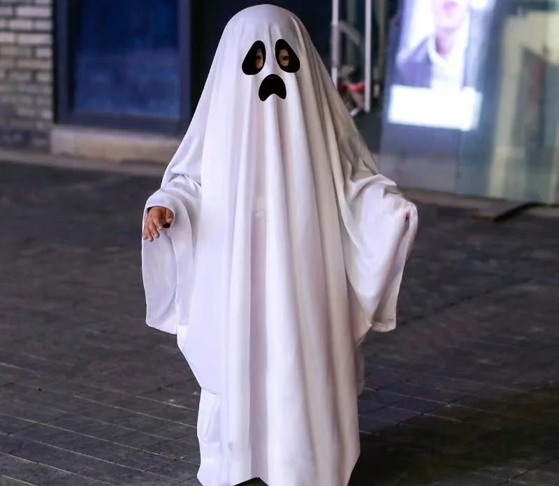 Schattige kinderen Halloween horror mantel Cape Anime geen gezicht cosplay kostuums Ghost witte kwastjes mantel Unisex Halloween kostuum volledige set