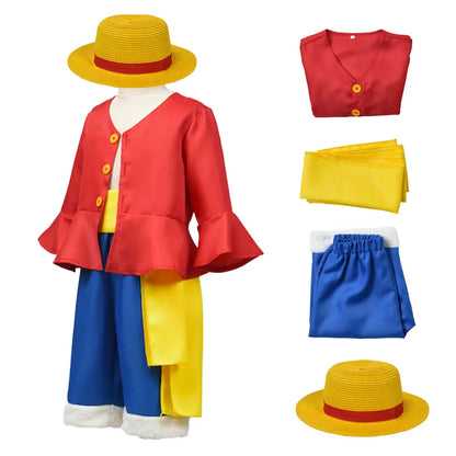 Costume de Cosplay Luffy pour enfants, avec chapeau de paille, uniforme de carnaval d'halloween, manteau, pantalon, ceinture, ensemble complet