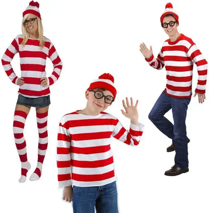 Wheres Waldo Striped Shirt Youth  Boys Wally Costume Shirt Glasses and Hat Socks Unisex Adults Carnival Cosplay Costume