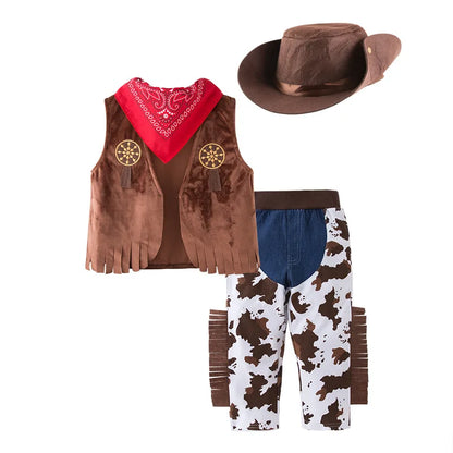4 STKS Cowboy Dress Up Outfits Past Baby Jongens Kleding Vest + Sjaal + Broek + Hoeden Voor Peuter Purim Halloween Carnaval Verjaardag kostuum