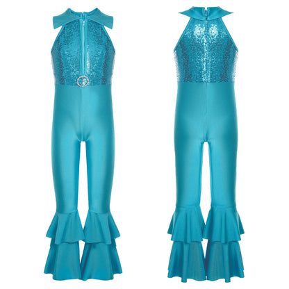 Kids Girls Sequins Hippie Costume New Tank Unitard Bell-bottom Long Pants Bodysuit Jumpsuit for Disco Dance 60s 70s Clothes