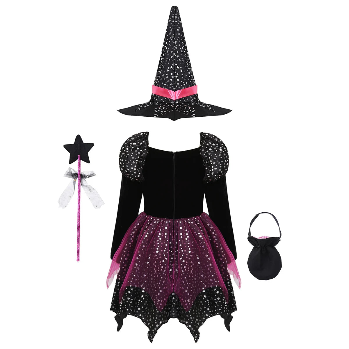 Ensemble de vêtements de sorcière 4 pièces, robe + chapeau + baguette + sac, Costume de magicien d'halloween pour filles, maquillage pour enfants, vêtements de fête Hag Witch, 2024