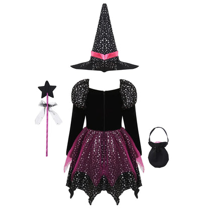 Ensemble de vêtements de sorcière 4 pièces, robe + chapeau + baguette + sac, Costume de magicien d'halloween pour filles, maquillage pour enfants, vêtements de fête Hag Witch, 2024