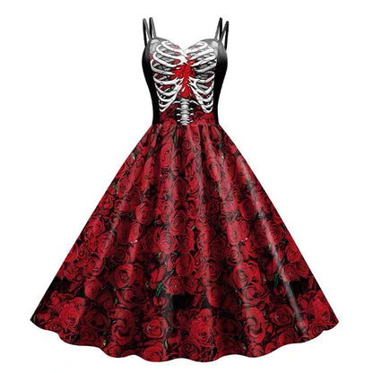Halloween Cosplay noir foncé Rose crâne robe femmes Costume sans manches Vintage robes de soirée crâne sorcière effrayant filles vêtements